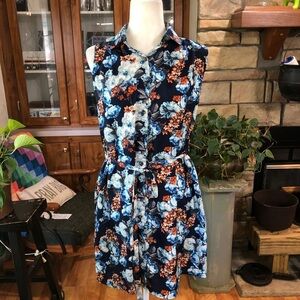 NWT SHE & SKY SIZE MEDIUM NAVY BLUE FLORAL SHIRT DRESS WITH BELT LIGHTWEIGHT